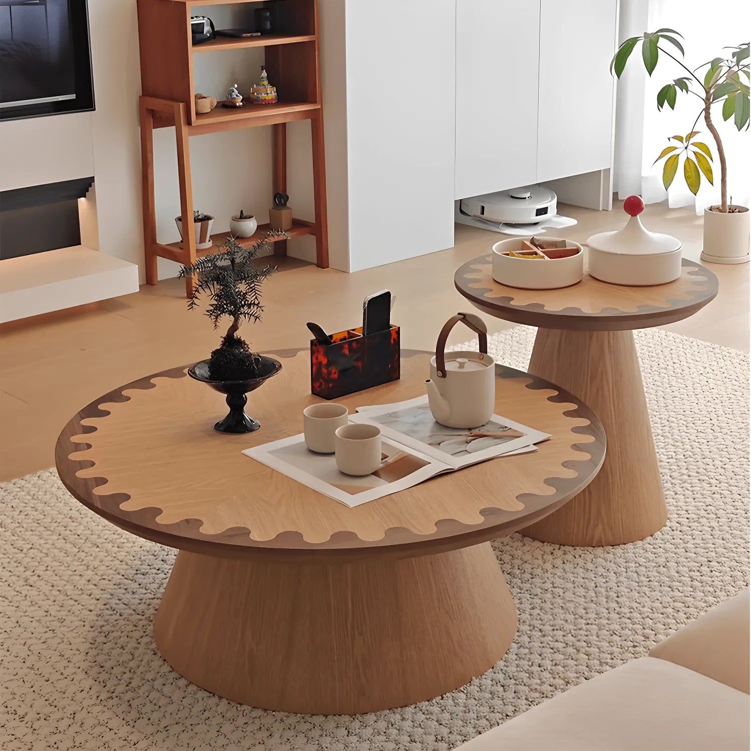 Two-Tone Wood Pedestal Coffee Table Set With Sculptural Wave Edge Main Product Image