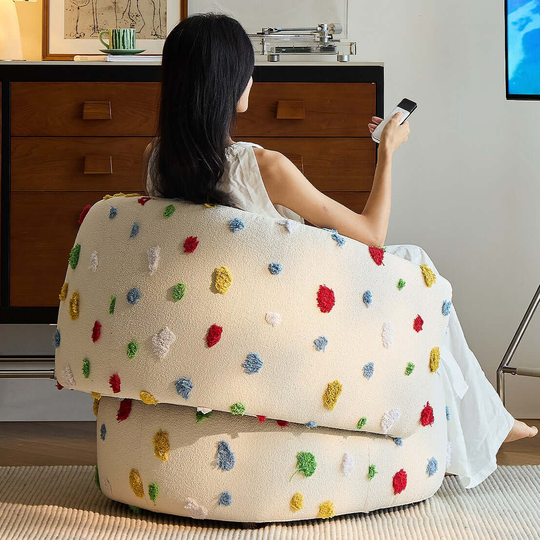 Unique Artistic Accent Chair In Soft Beige And Bright Colors