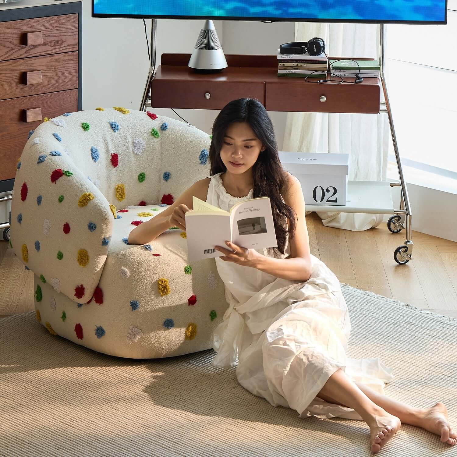 Unique Artistic Accent Chair In Soft Beige And Bright Colors