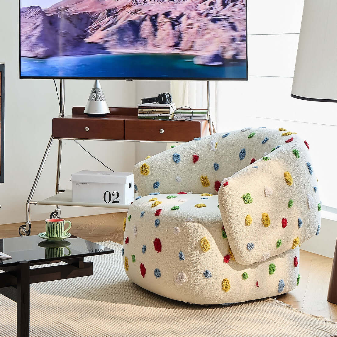 Unique Artistic Accent Chair In Soft Beige And Bright Colors