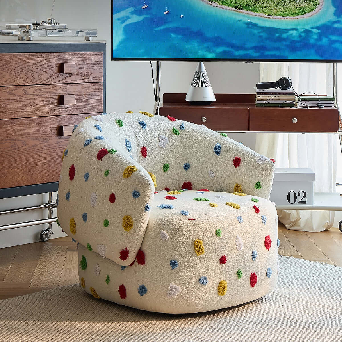 Unique Artistic Accent Chair In Soft Beige And Bright Colors