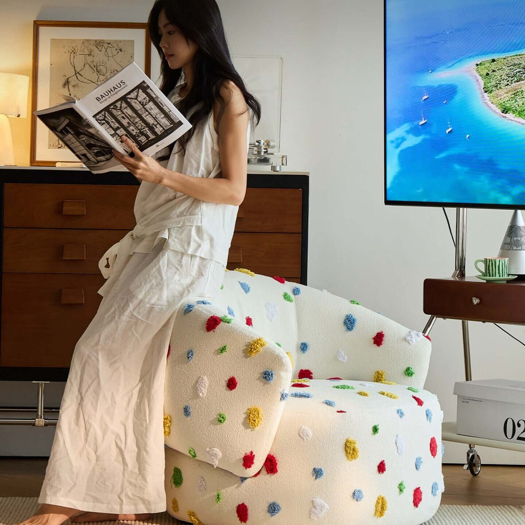 Unique Artistic Accent Chair In Soft Beige And Bright Colors