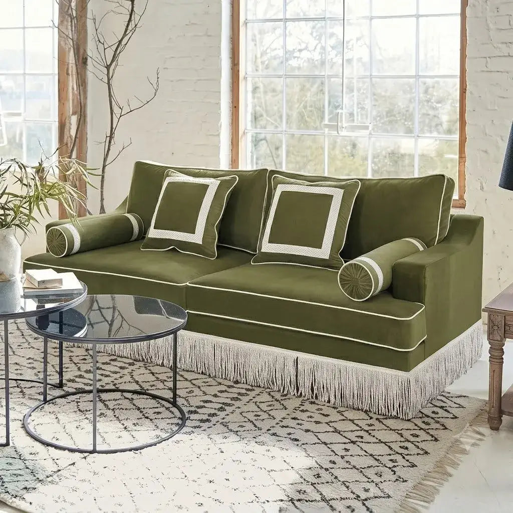 Velvet Fringe Chair-Inspired Sofa with Solid Wood Frame, Vintage Green