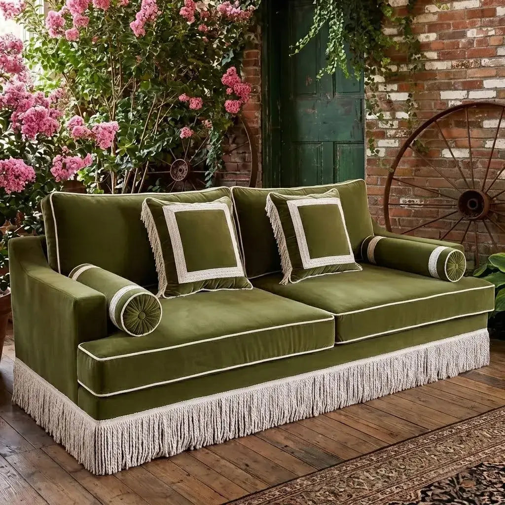 Velvet Fringe Chair-Inspired Sofa with Solid Wood Frame, Vintage Green Secondary image