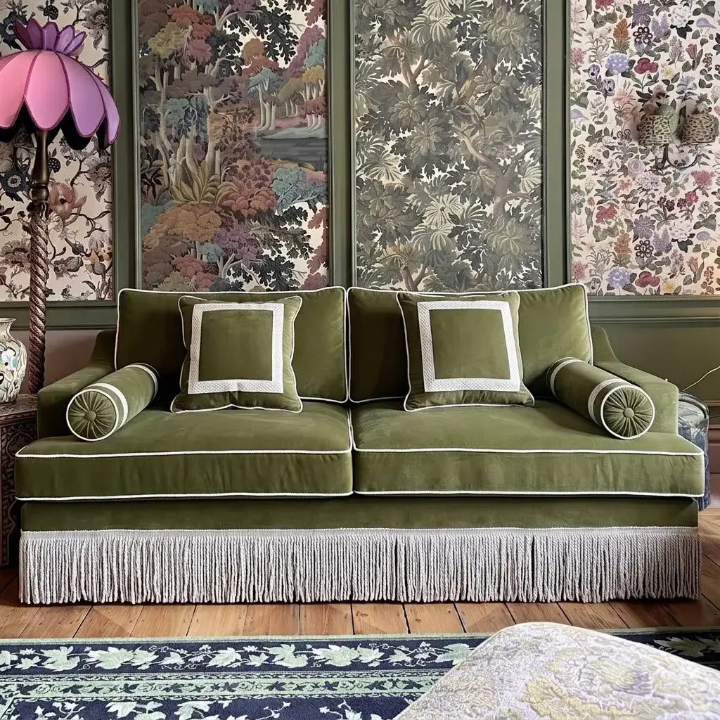 Velvet Fringe Chair-Inspired Sofa with Solid Wood Frame, Vintage Green Main Product Image Main image