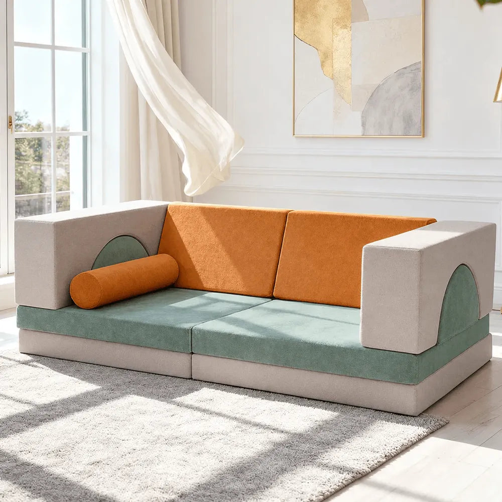 Velvet Modular Play Sofa with Block Forms for Reading Nooks