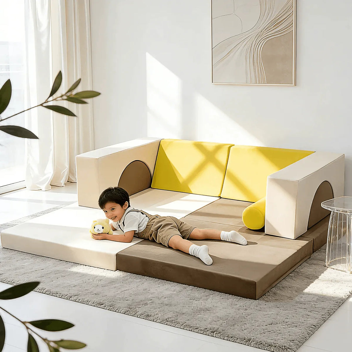 Velvet Modular Play Sofa with Block Forms for Reading Nooks