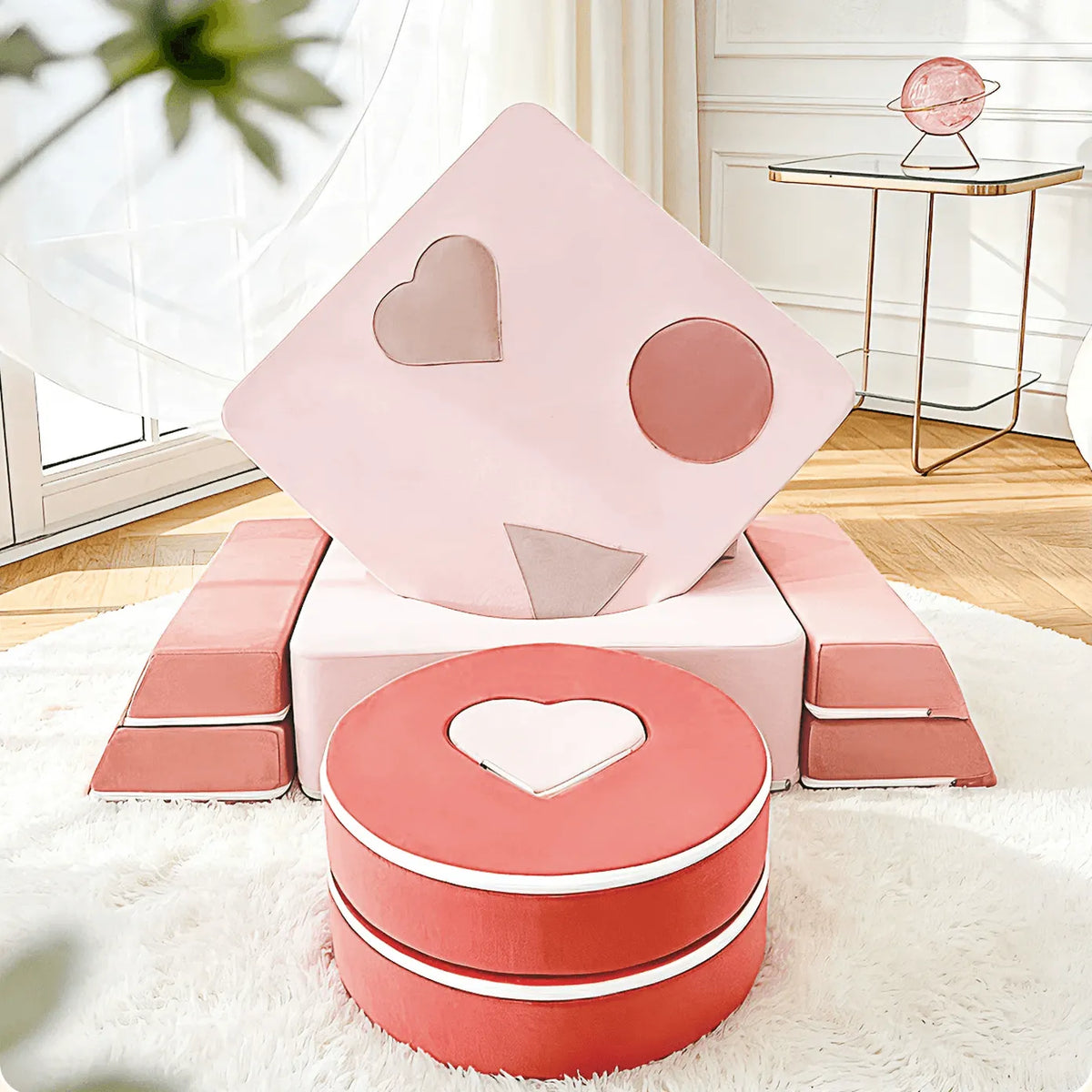 Velvet Pink Modular Play Sofa with Arch Cushions and Washable Covers