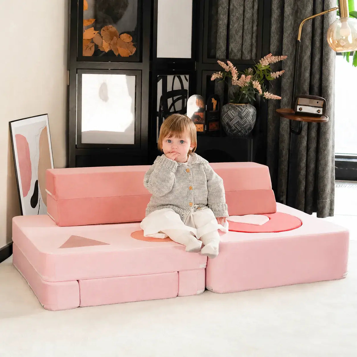 Velvet Pink Modular Play Sofa with Arch Cushions and Washable Covers