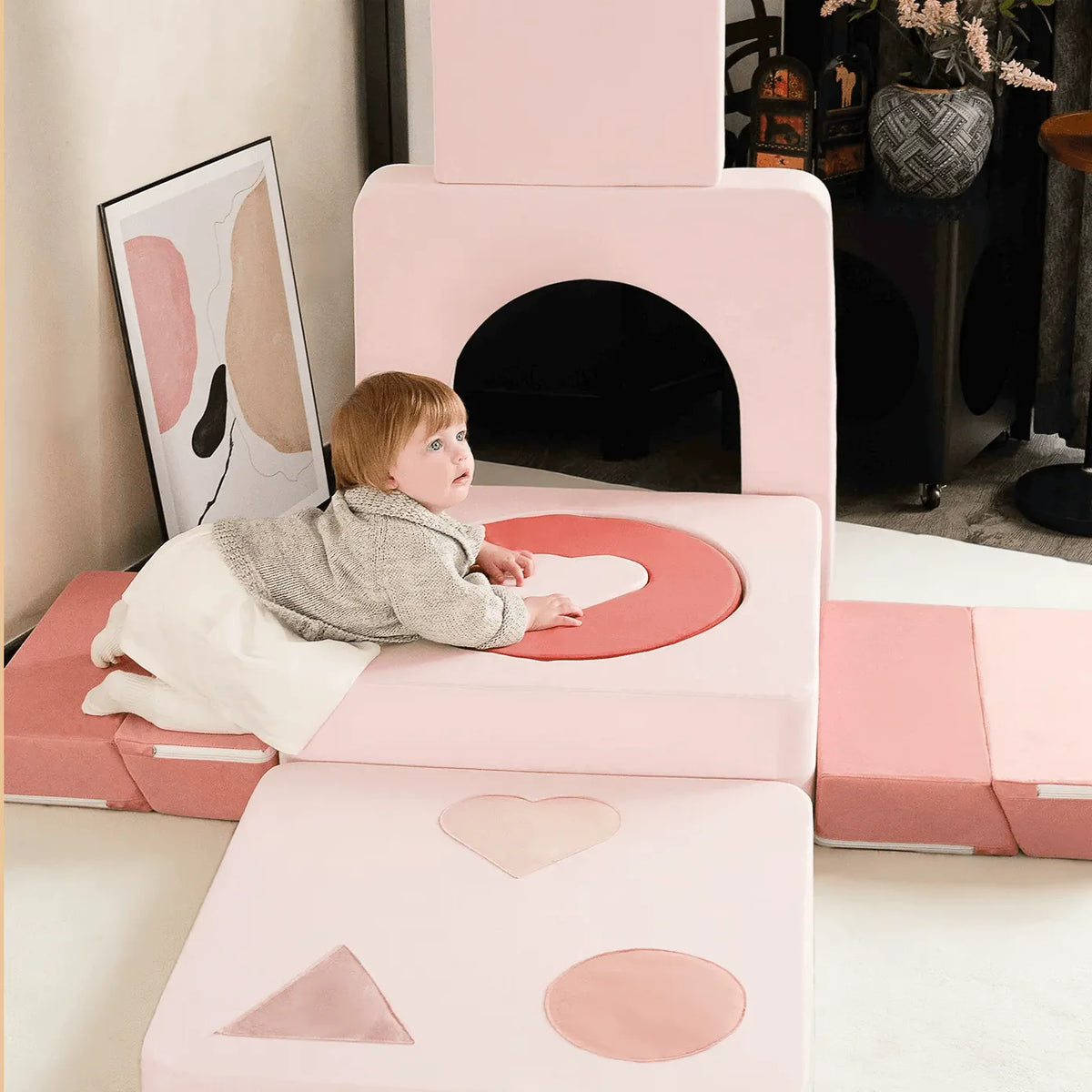 Velvet Pink Modular Play Sofa with Arch Cushions and Washable Covers