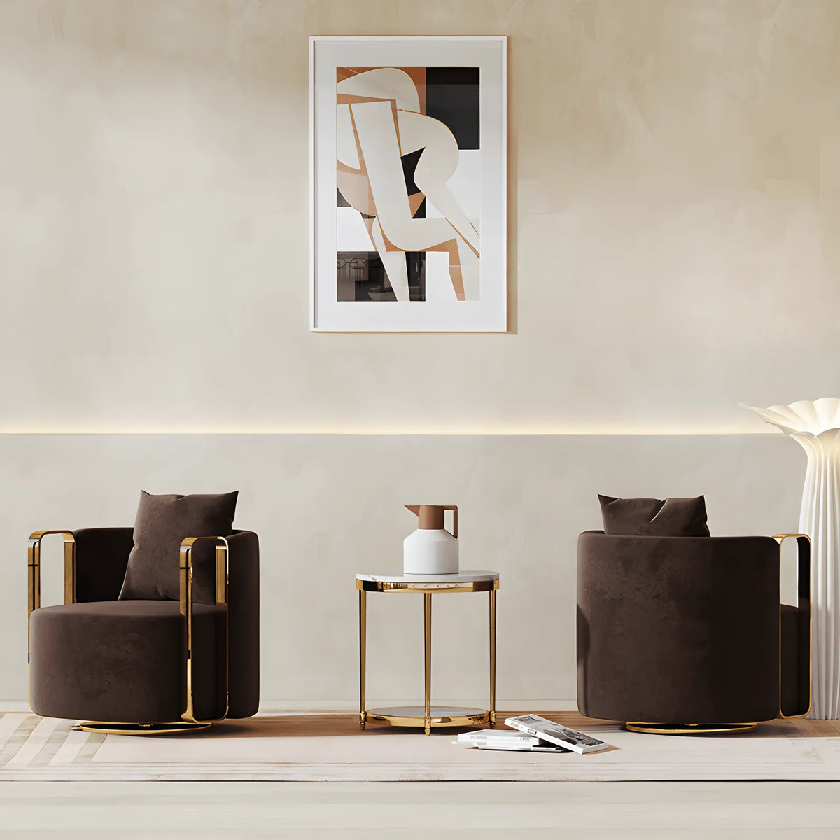 Velvet Sculptural Swivel Lounge Chair with Gold Frame, Wraparound Comfort