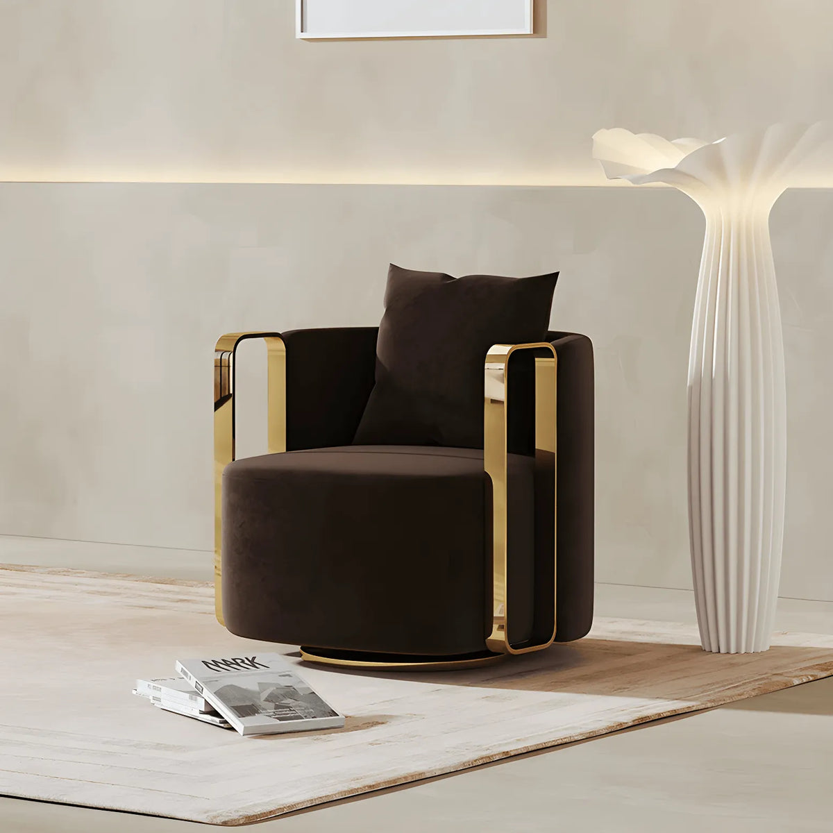 Velvet Sculptural Swivel Lounge Chair with Gold Frame, Wraparound Comfort