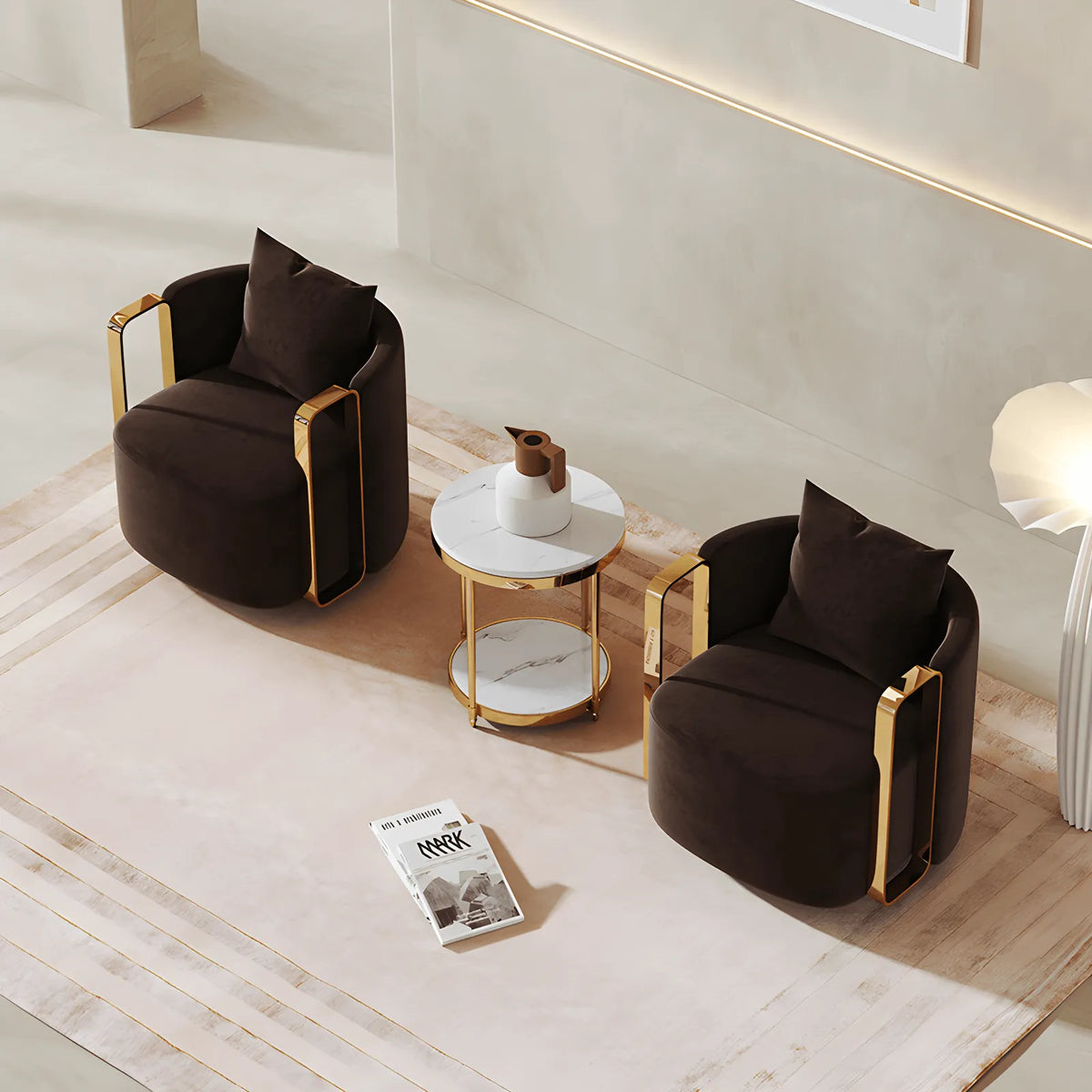 Velvet Sculptural Swivel Lounge Chair with Gold Frame, Wraparound Comfort
