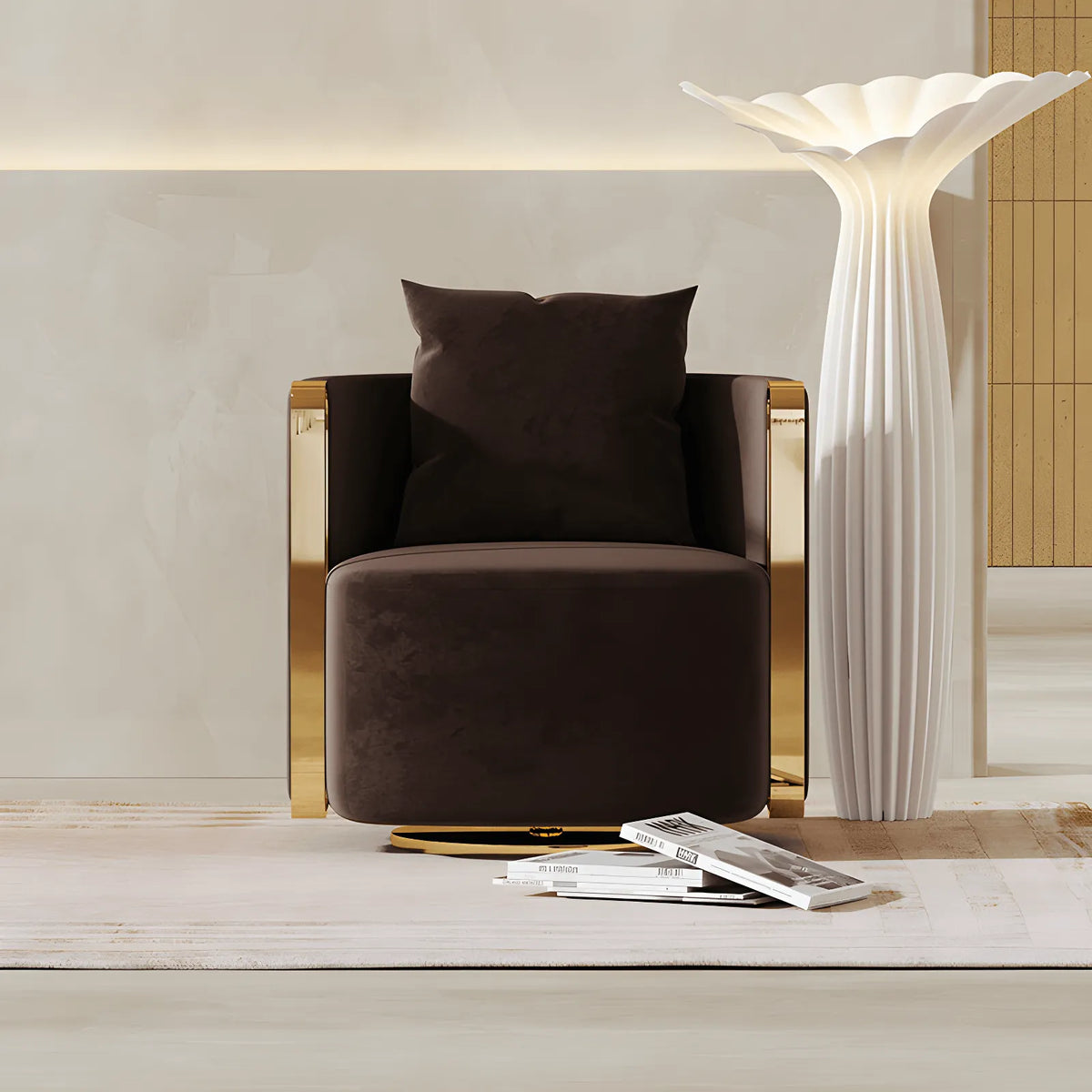 Velvet Sculptural Swivel Lounge Chair with Gold Frame, Wraparound Comfort Main Product Image
