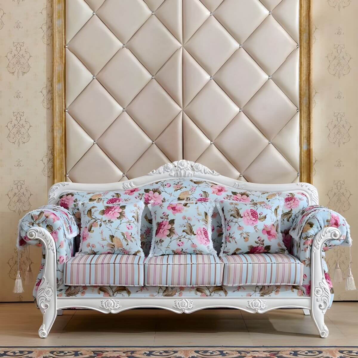 Velvet Traditional Flared-Arm Three-Seater Sofa with Curved Oak Frame Secondary image