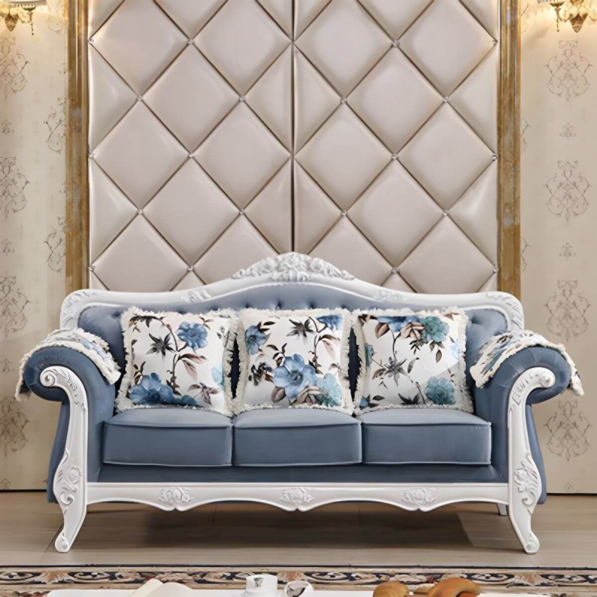 Velvet Traditional Flared-Arm Three-Seater Sofa with Curved Oak Frame Main Product Image Main image