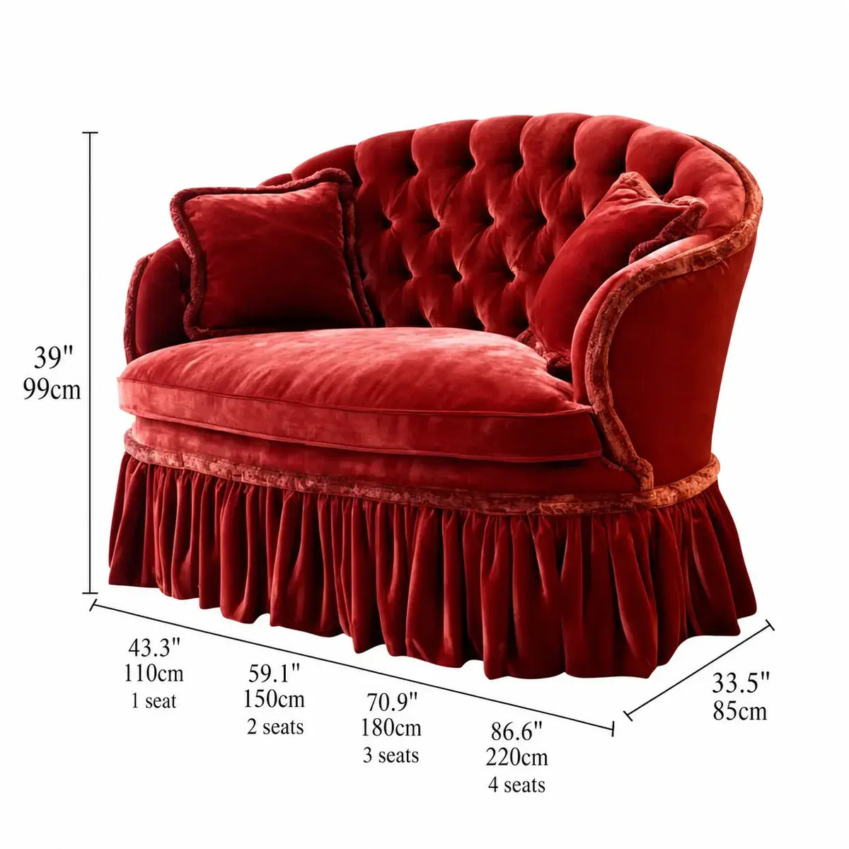 Velvet Tufted Ruffle Skirt Sofa with Curved Back for Dramatic Living Spaces Dimensions
