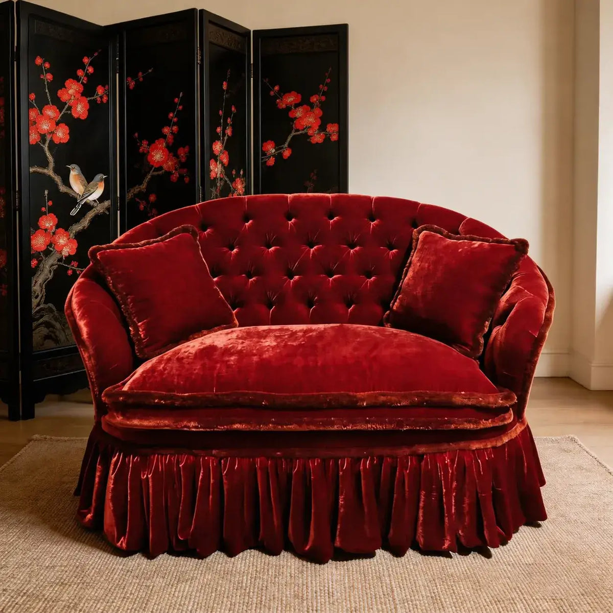 Velvet Tufted Ruffle Skirt Sofa with Curved Back for Dramatic Living Spaces Main Product Image