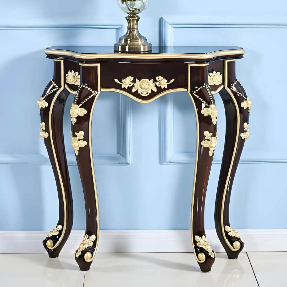Victorian Free-Form Wood Console Table with Gold Accents