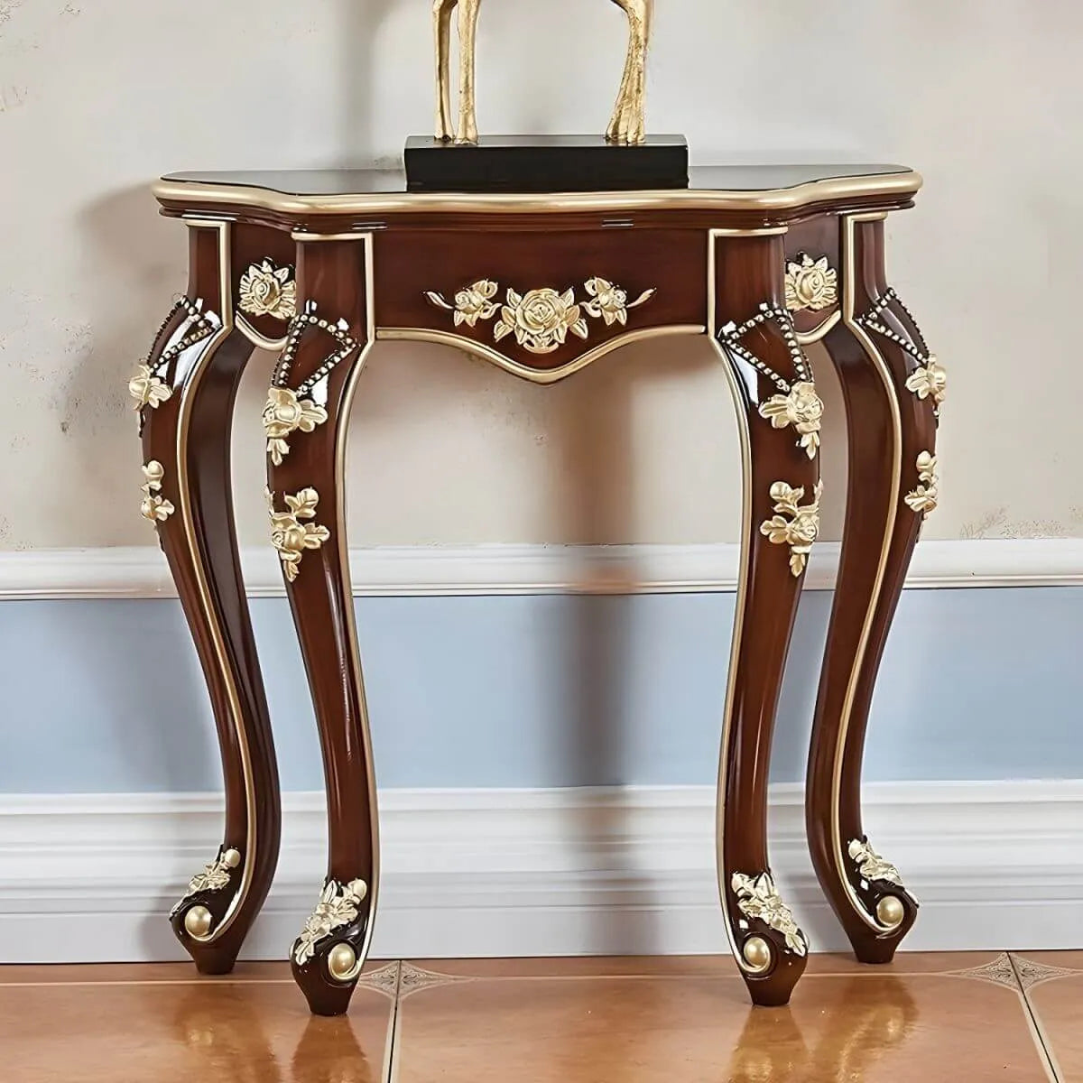 Victorian Free-Form Wood Console Table with Gold Accents