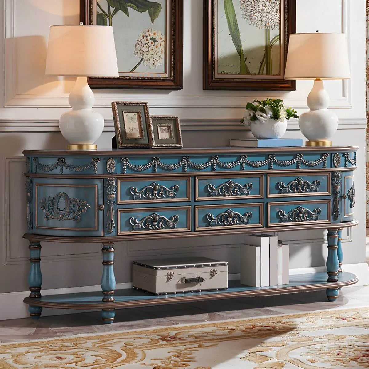 Victorian Half-Moon Wood Console Table with Storage