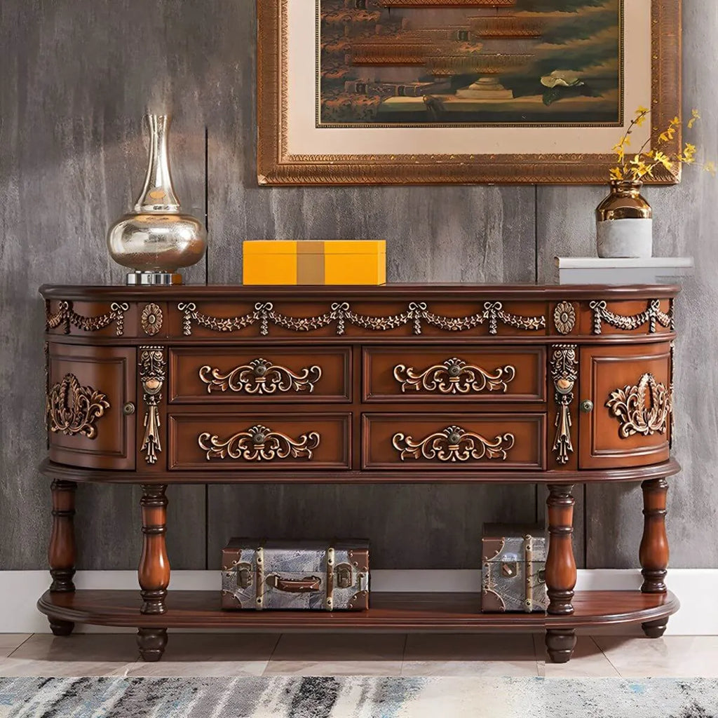 Victorian Half-Moon Wood Console Table with Storage