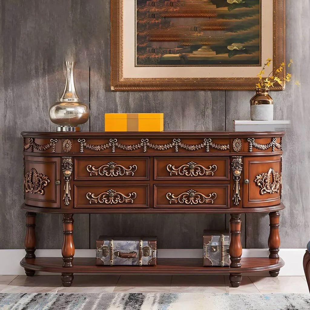 Victorian Half-Moon Wood Console Table with Storage
