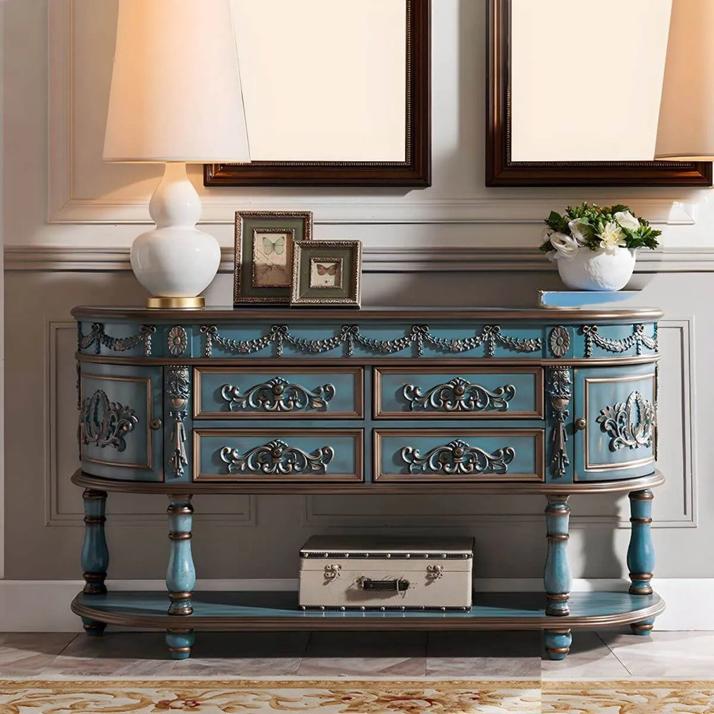 Victorian Half-Moon Wood Console Table with Storage