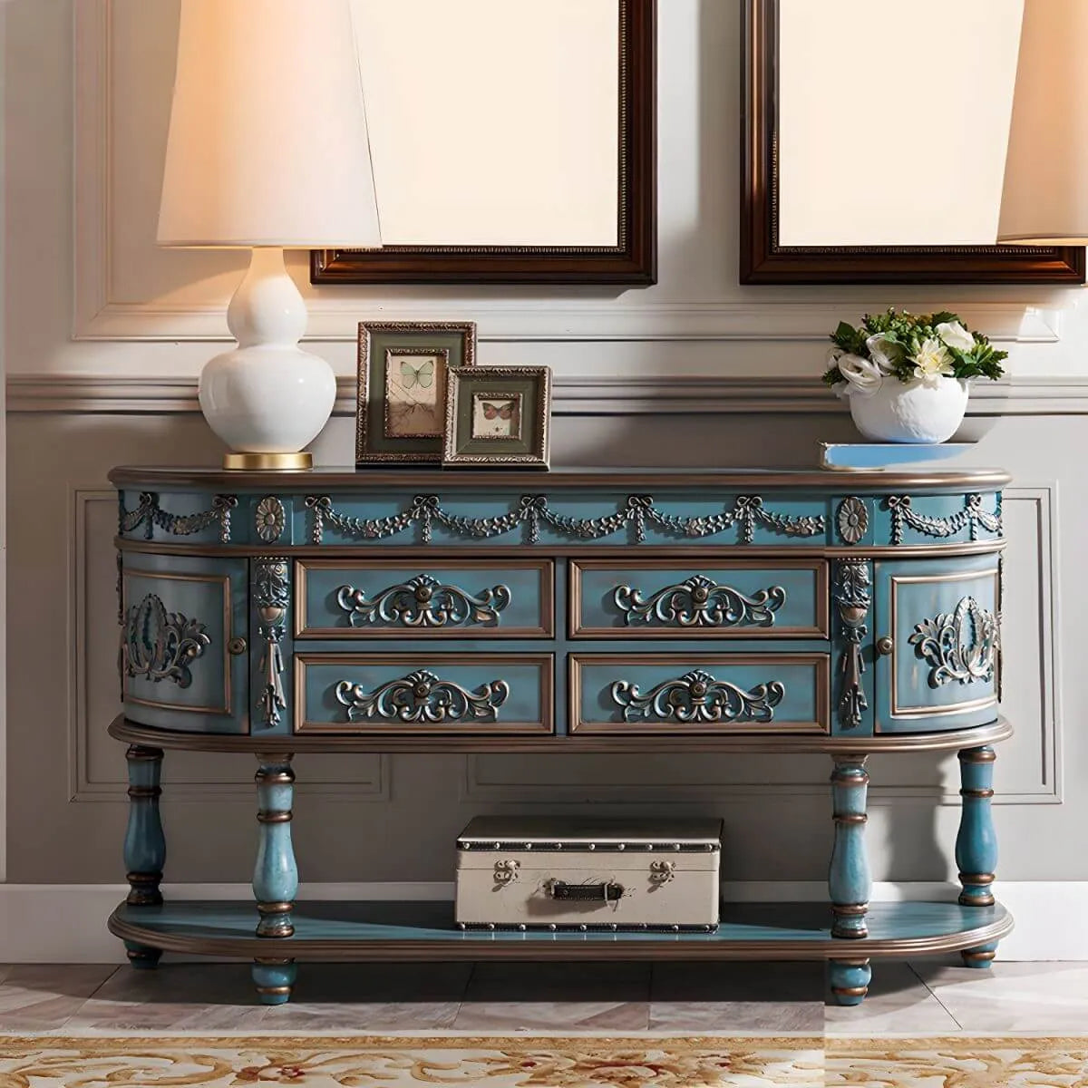 Victorian Half-Moon Wood Console Table with Storage