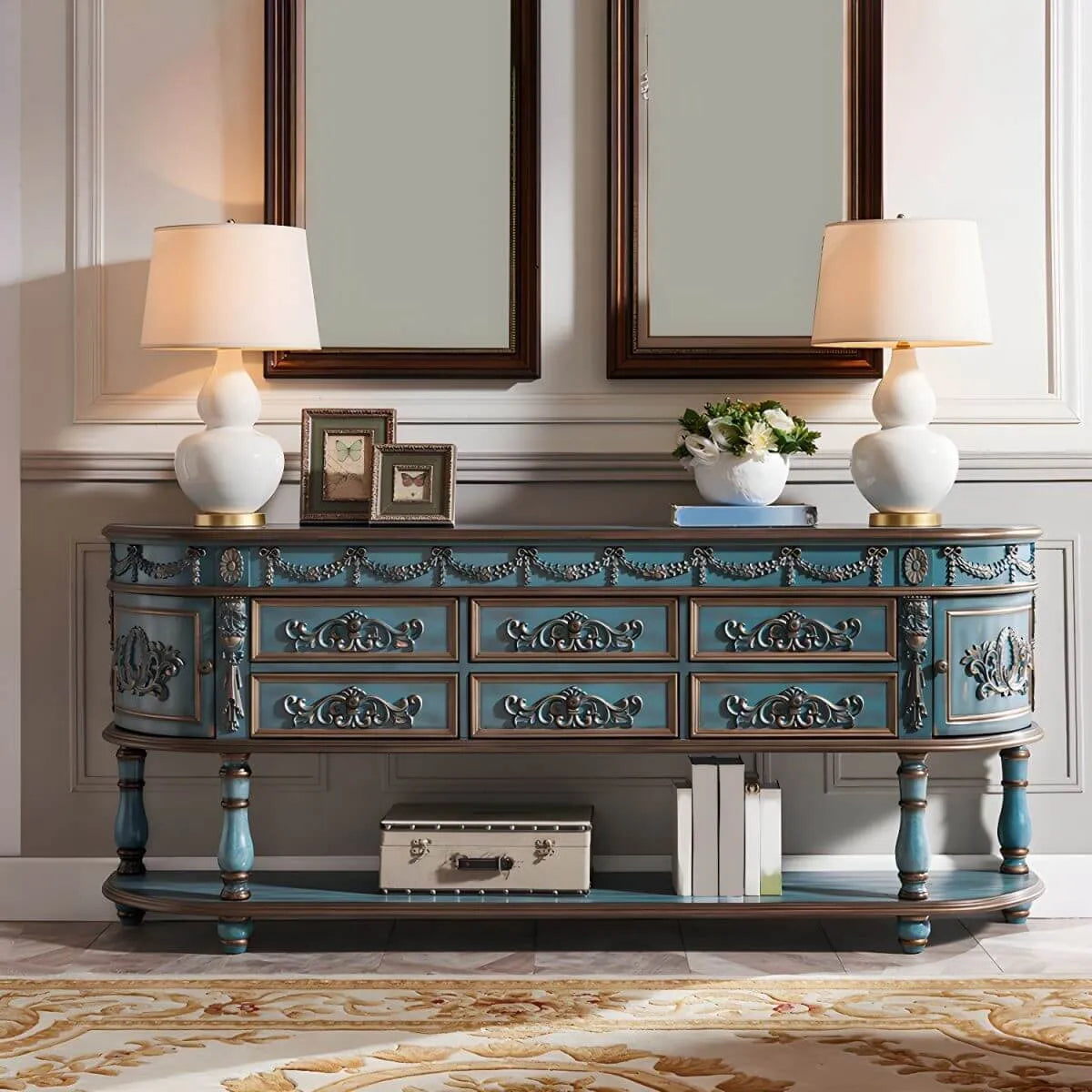 Victorian Half-Moon Wood Console Table with Storage