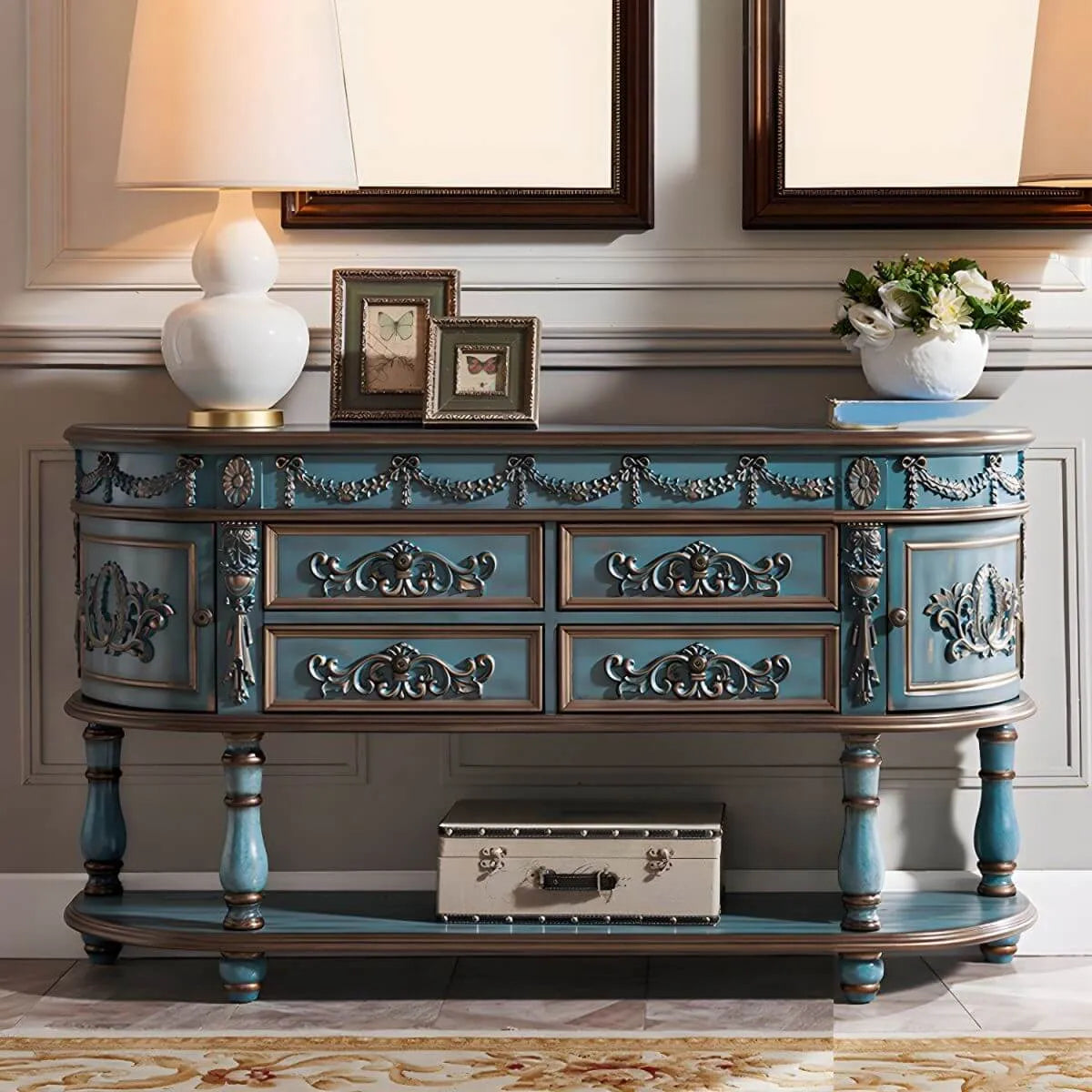 Victorian Half-Moon Wood Console Table with Storage