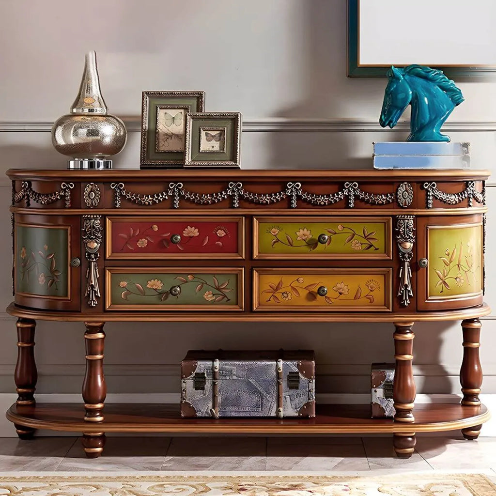Victorian Half-Moon Wood Console Table with Storage