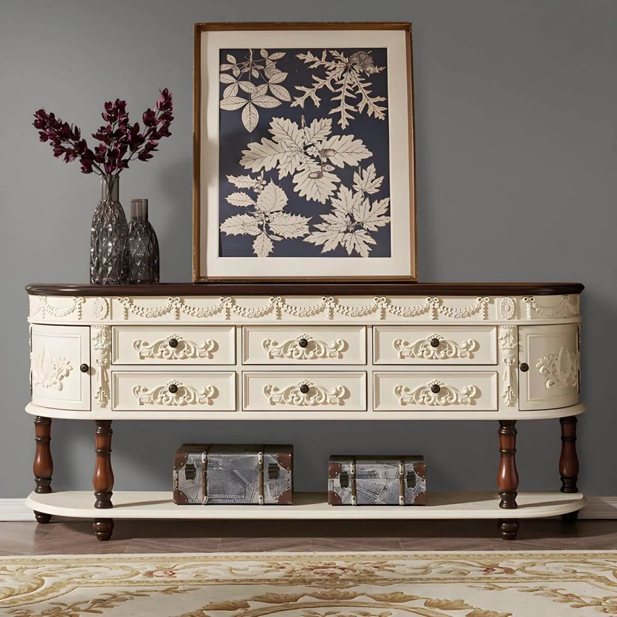 Victorian Half-Moon Wood Console Table with Storage