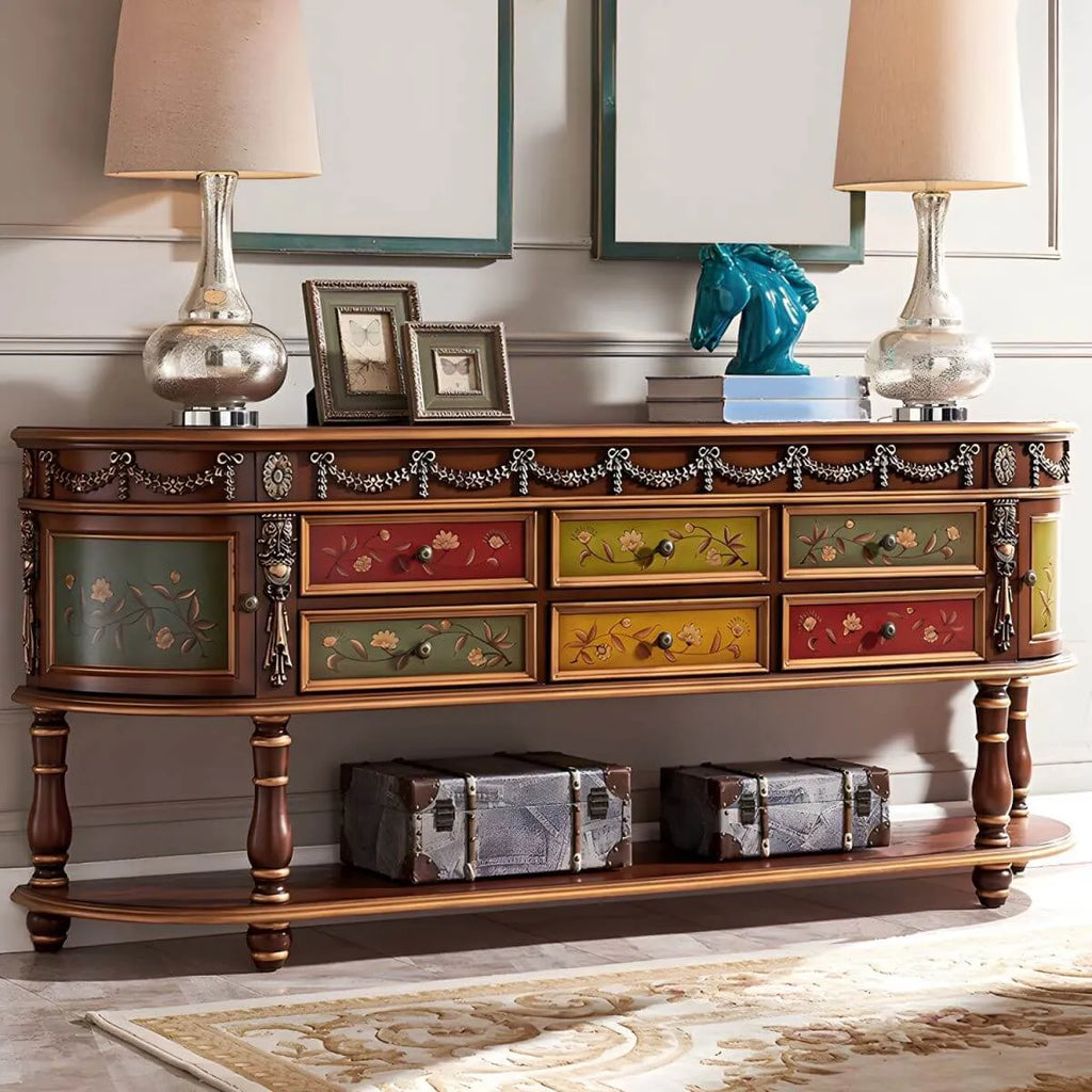 Victorian Half-Moon Wood Console Table with Storage