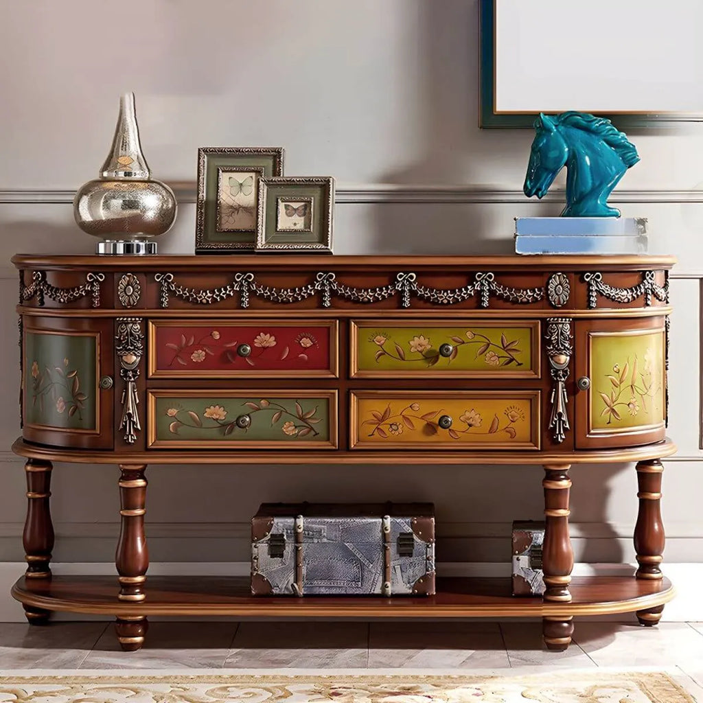 Victorian Half-Moon Wood Console Table with Storage
