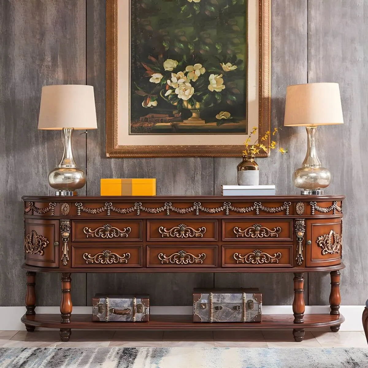 Victorian Half-Moon Wood Console Table with Storage