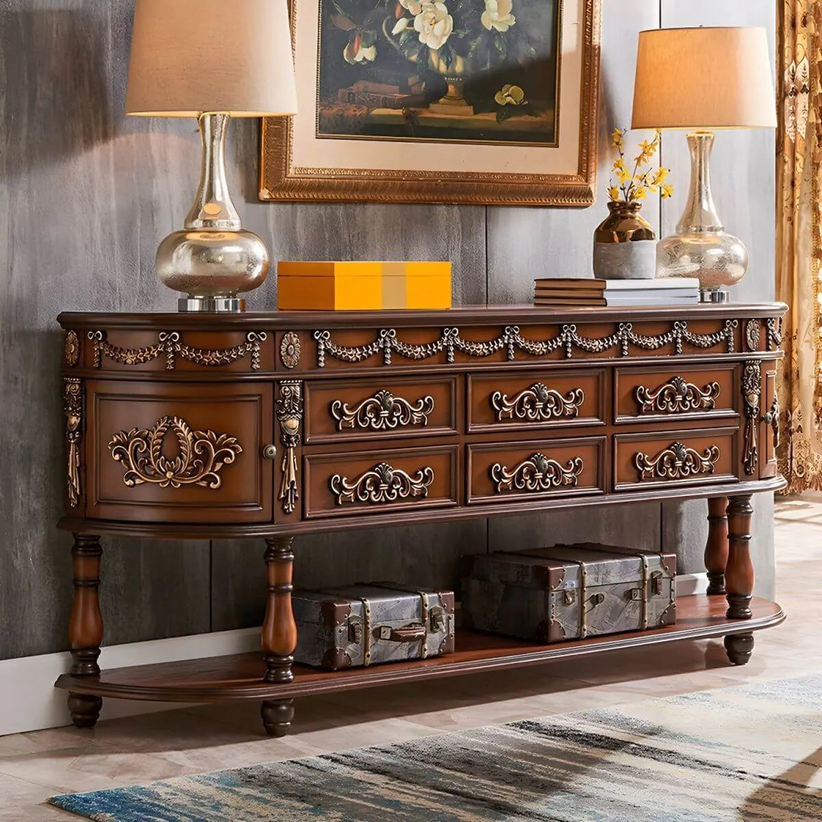 Victorian Half-Moon Wood Console Table with Storage Main Product Image