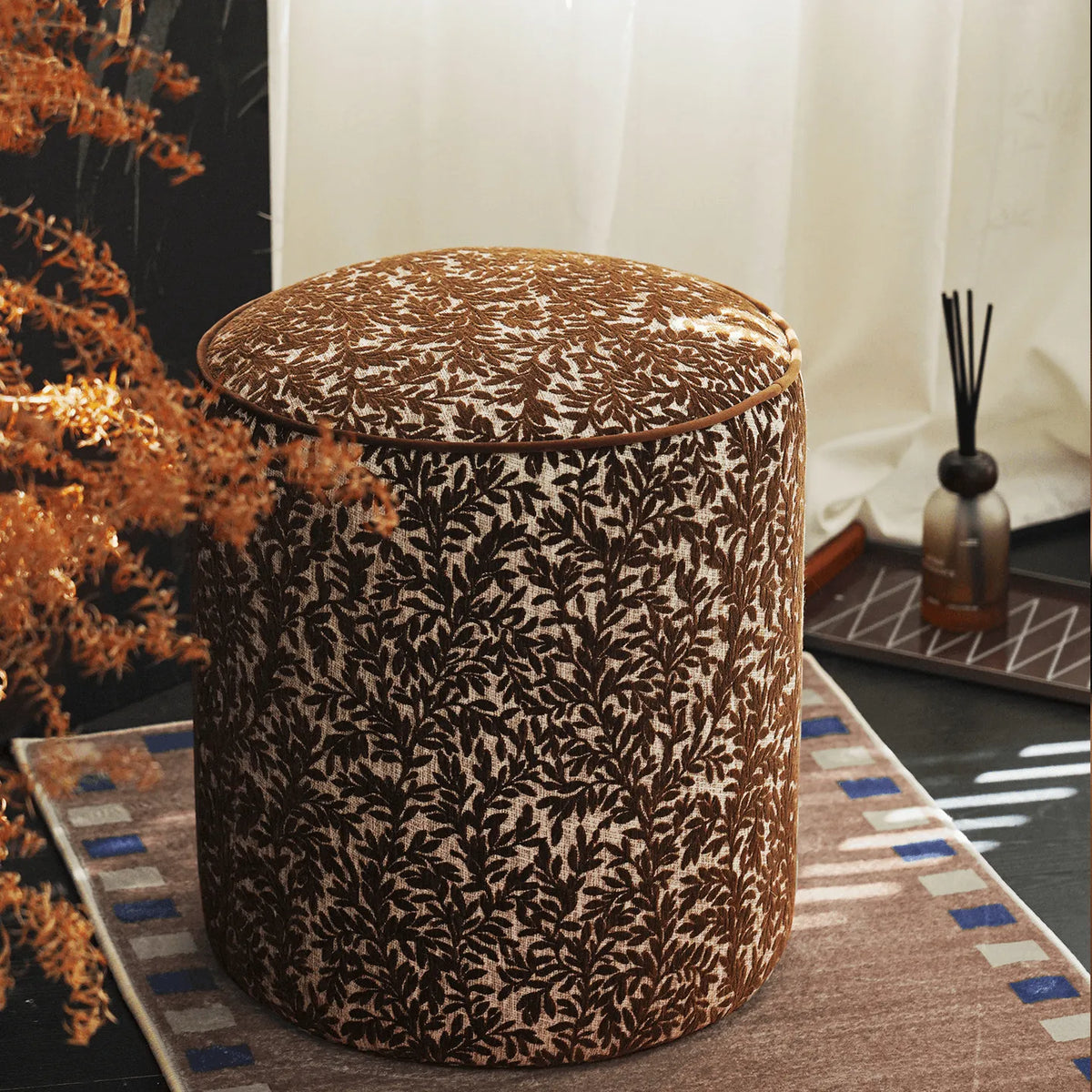 Vine Floral Ottoman With Soft Upholstery and Portable Accent Design