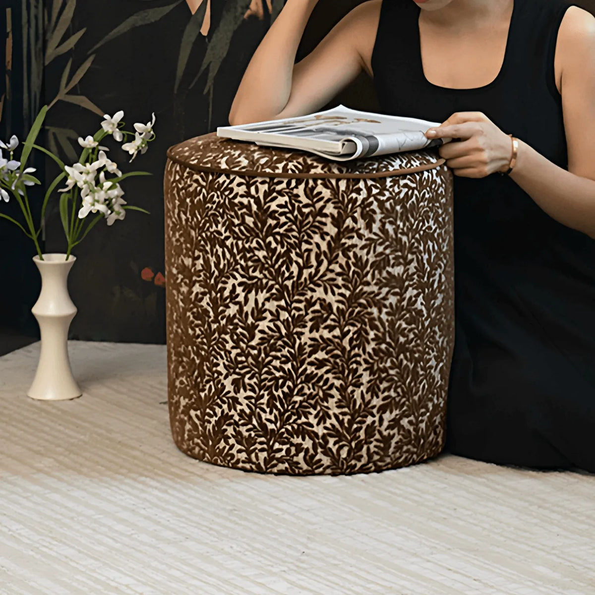 Vine Floral Ottoman With Soft Upholstery and Portable Accent Design