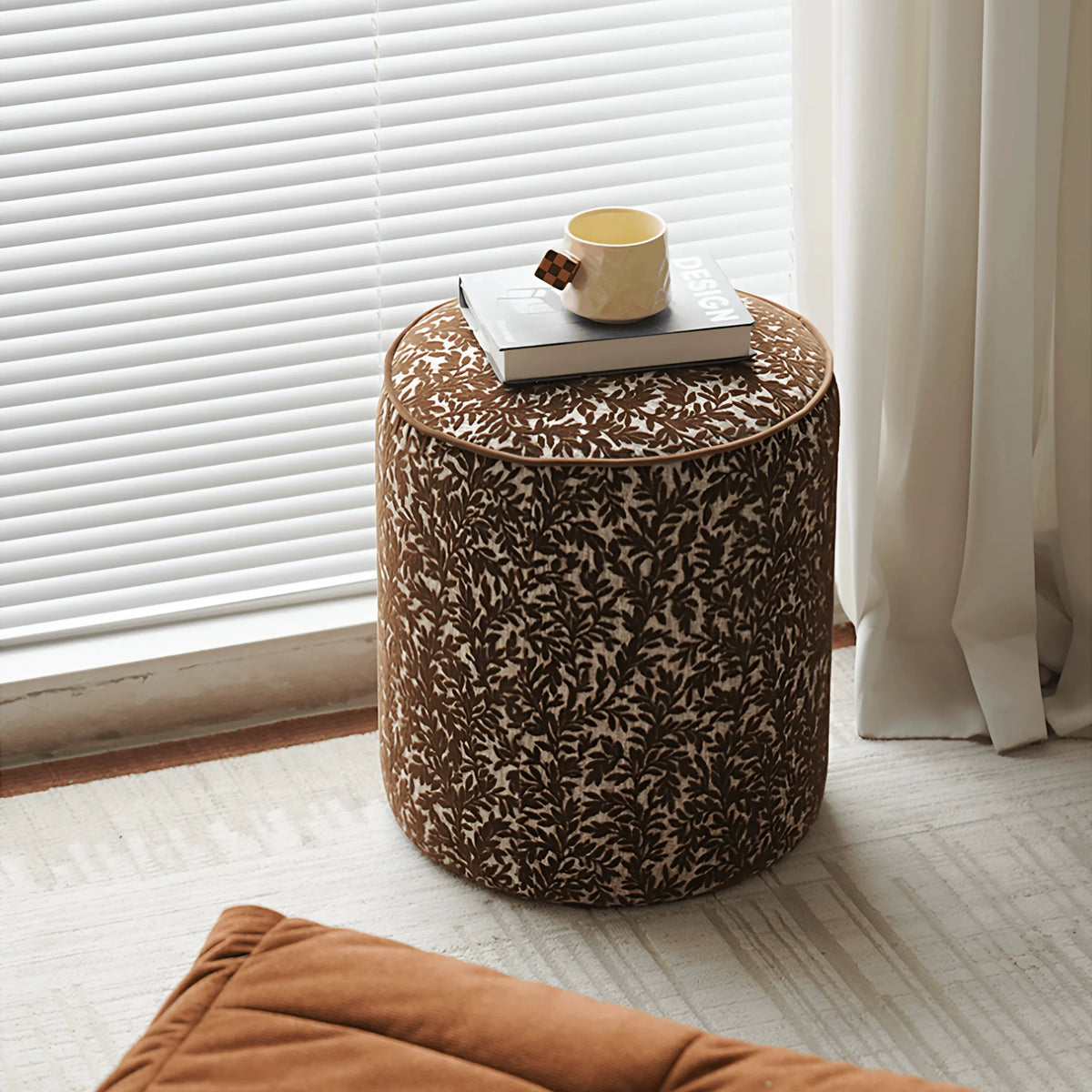Vine Floral Ottoman With Soft Upholstery and Portable Accent Design