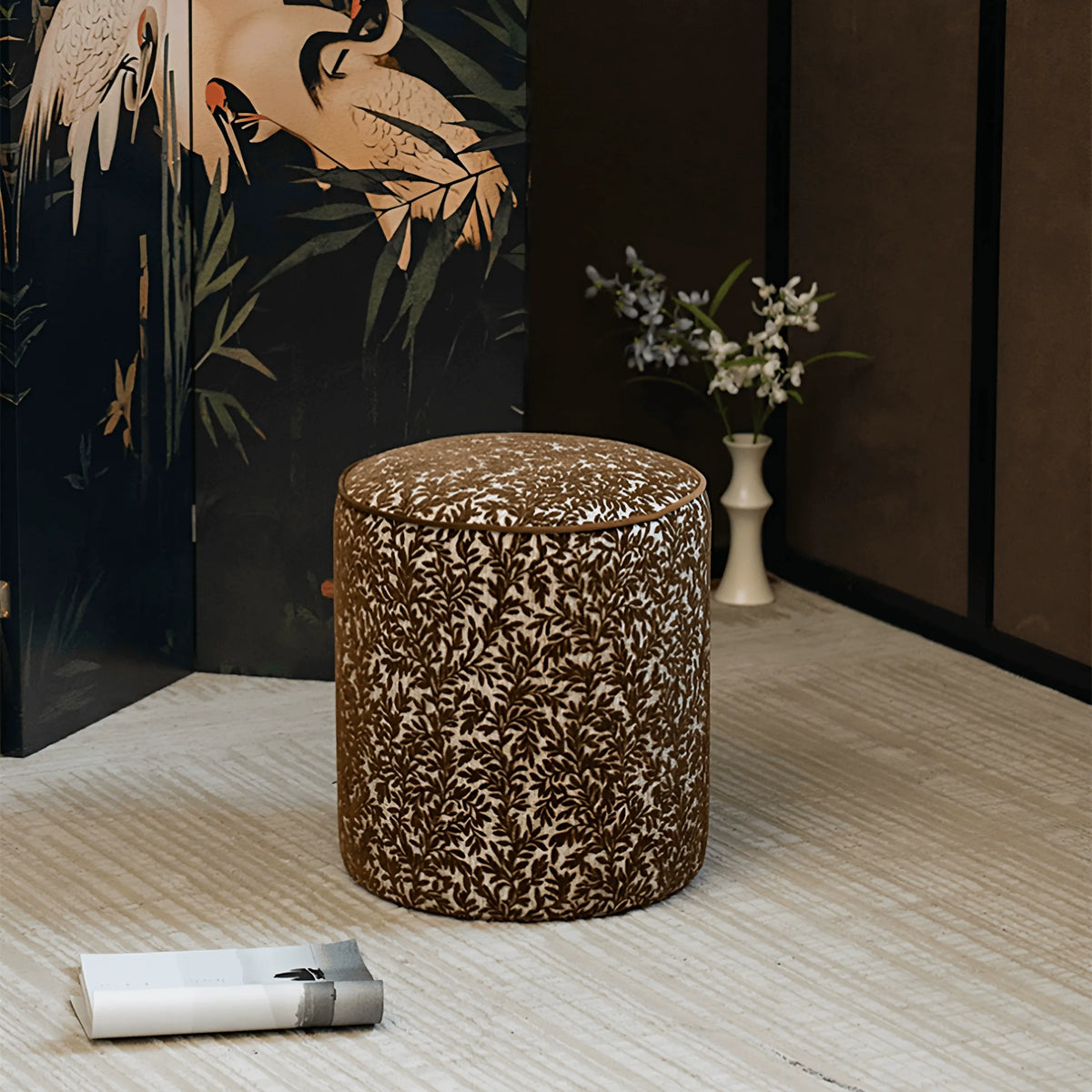 Vine Floral Ottoman With Soft Upholstery and Portable Accent Design