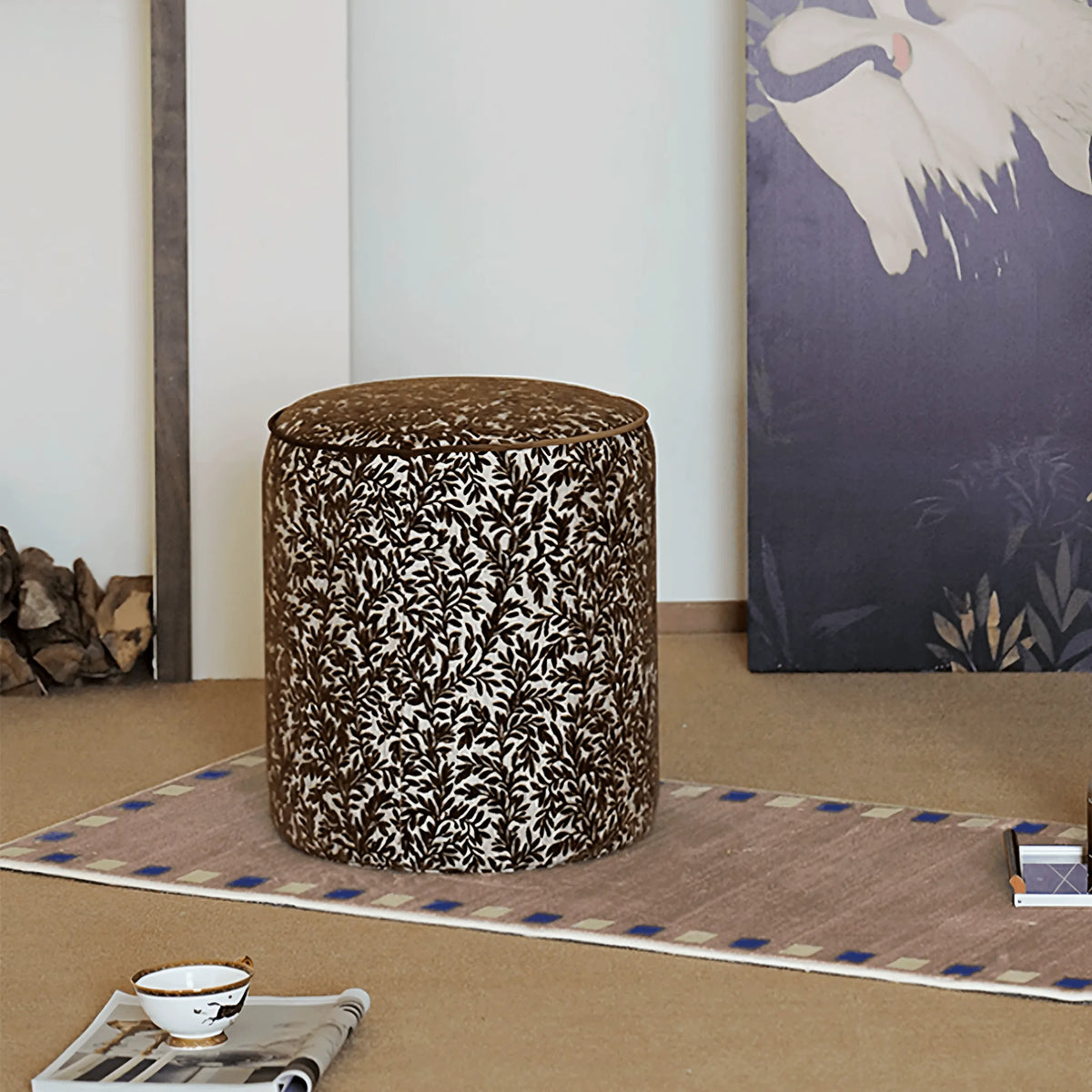 Vine Floral Ottoman With Soft Upholstery and Portable Accent Design Main Product Image