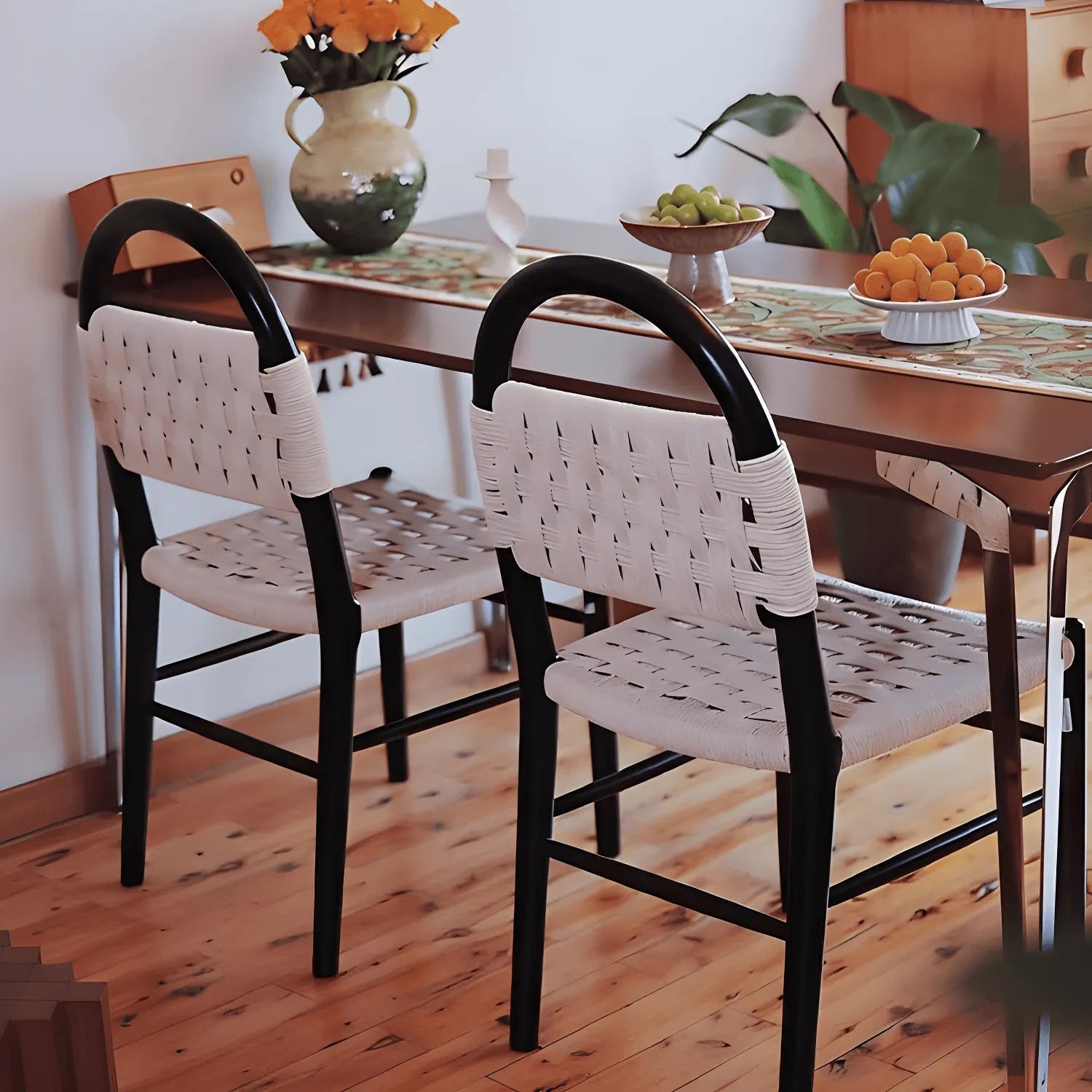 Vintage Arched Rope Dining Chair Series with Checker Weave and Rounded Wood Frame