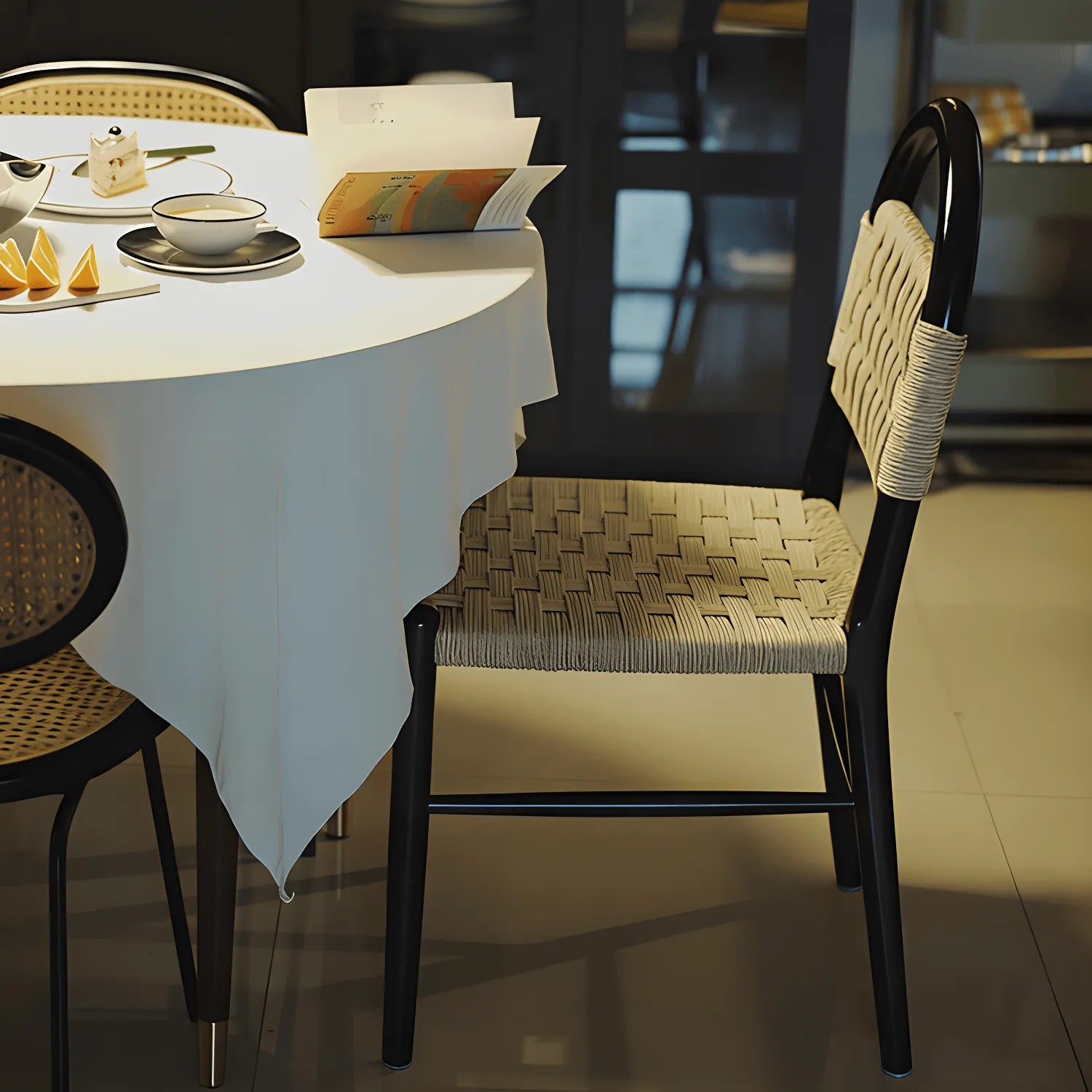 Vintage Arched Rope Dining Chair Series with Checker Weave and Rounded Wood Frame
