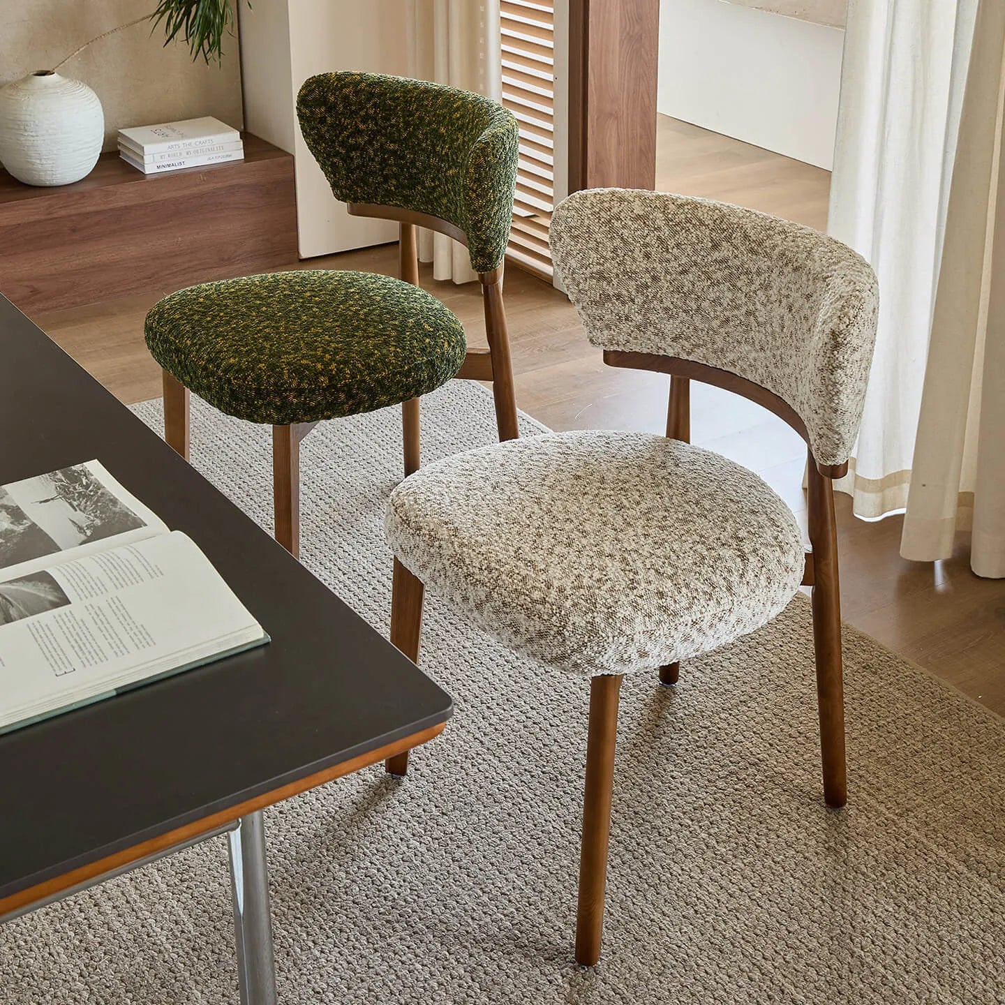 Vintage Ash Wood Dining Chair in Hand-Stitched Chenille, Curved Y-Back