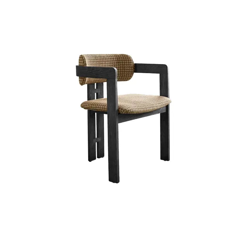 Vintage Ash Wood Dining Chair with Houndstooth Upholstery and Sculpted Back Slit