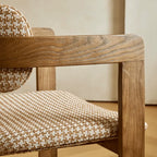 Vintage Ash Wood Dining Chair with Houndstooth Upholstery and Sculpted Back Slit