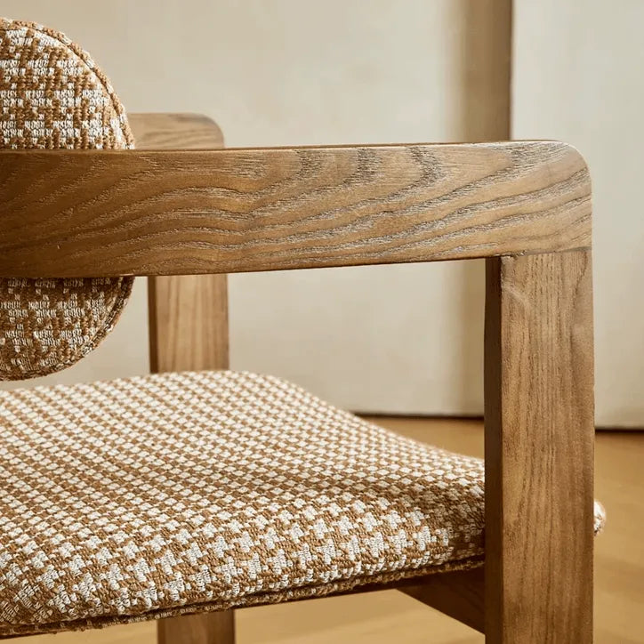 Vintage Ash Wood Dining Chair with Houndstooth Upholstery and Sculpted Back Slit