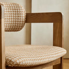 Vintage Ash Wood Dining Chair with Houndstooth Upholstery and Sculpted Back Slit