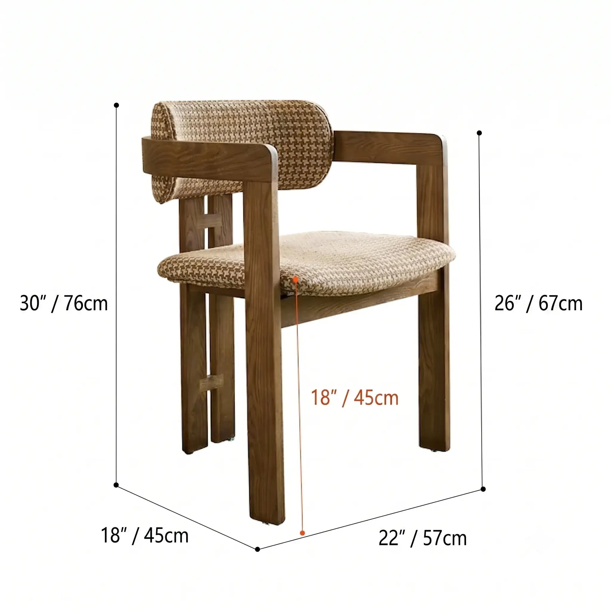 Vintage Ash Wood Dining Chair with Houndstooth Upholstery and Sculpted Back Slit Dimensions